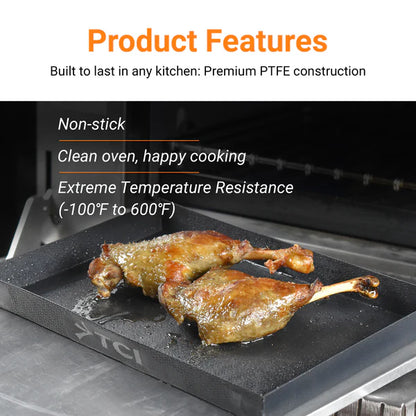 TCI-5257 PTFE Rapid Solid Oven EverBasket™ 7"X 11"X 1" highly effective and safe for commercial/home cooking. Super easy to clean, non-stick, heavy duty and dishwasher safe. Elevates food quality.