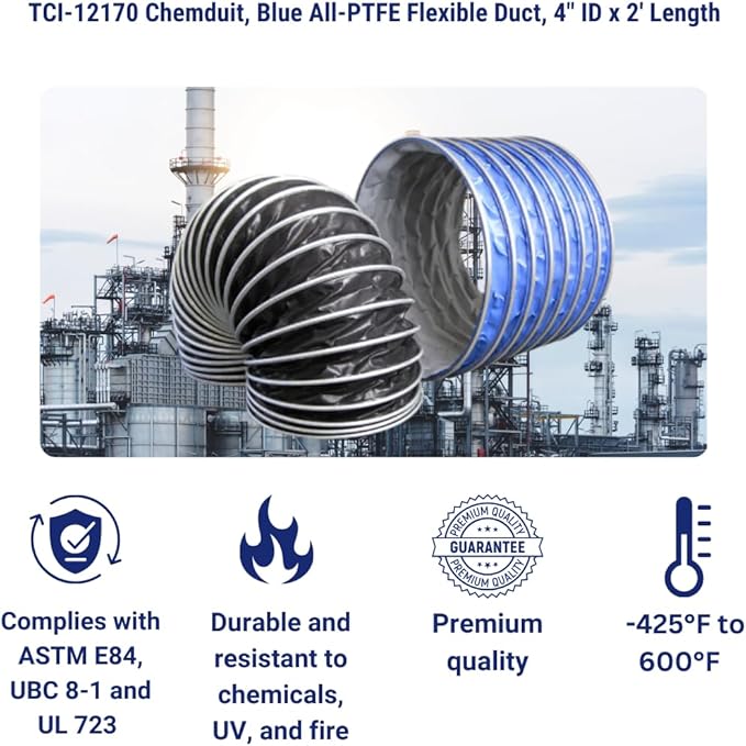 TCI-12170 Chemduit™, Blue PTFE Flexible Conduit, 4" ID x 2' Length, Chemical Resistant, Flame Retardant, Durable and Flexible.