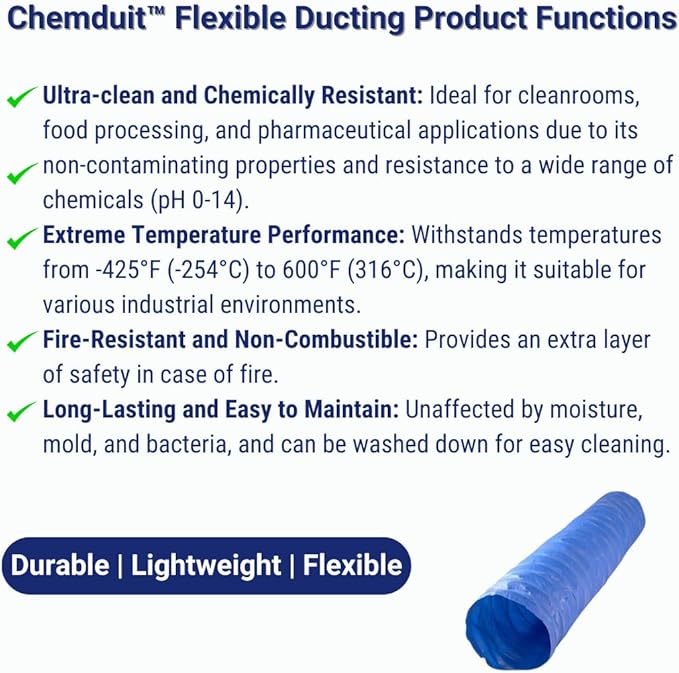 TCI-12170 Chemduit™, Blue PTFE Flexible Conduit, 4" ID x 2' Length, Chemical Resistant, Flame Retardant, Durable and Flexible.