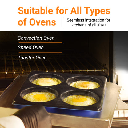 TCI-9576 EverForm™ 4 Cavity Egg/Muffin Pan 10"X 10"X 0.75" with fill line highly effective and safe for commercial/home cooking. Super easy to clean, sturdy and dishwasher safe. Elevates food quality.