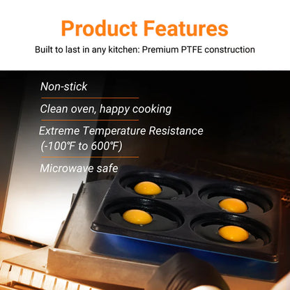 TCI-9576 EverForm™ 4 Cavity Egg/Muffin Pan 10"X 10"X 0.75" with fill line highly effective and safe for commercial/home cooking. Super easy to clean, sturdy and dishwasher safe. Elevates food quality.